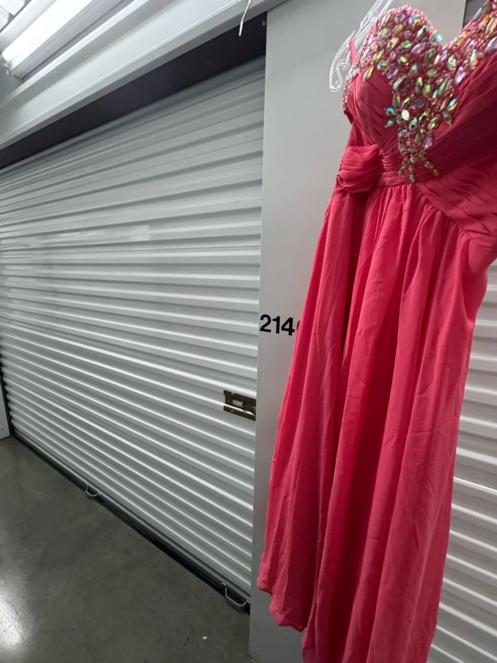 Strapless Coral Evening Gown with Embellished Sweetheart Bodice - Picture 5 of 8